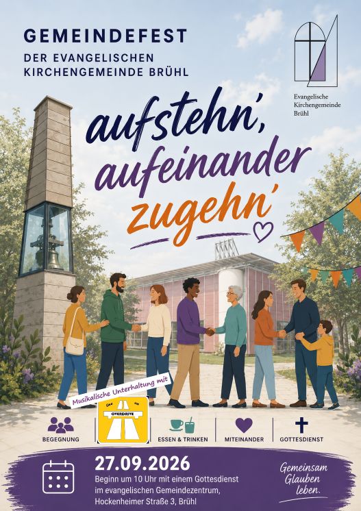 Plakat Gemeindefest 2026 mit dem Titel Aufsteh'n, aufeinander zugeh'n